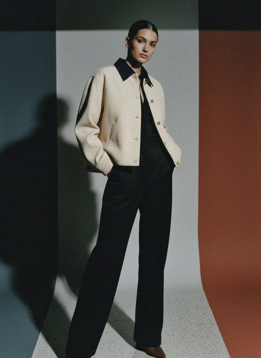 Cream Ribbed Jacket with Contrast Blue Collar zdjęcie 2