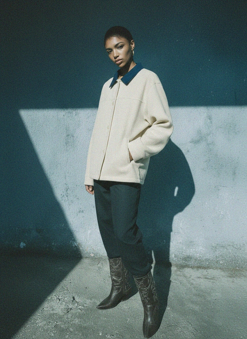 Cream Ribbed Jacket with Contrast Blue Collar zdjęcie 3