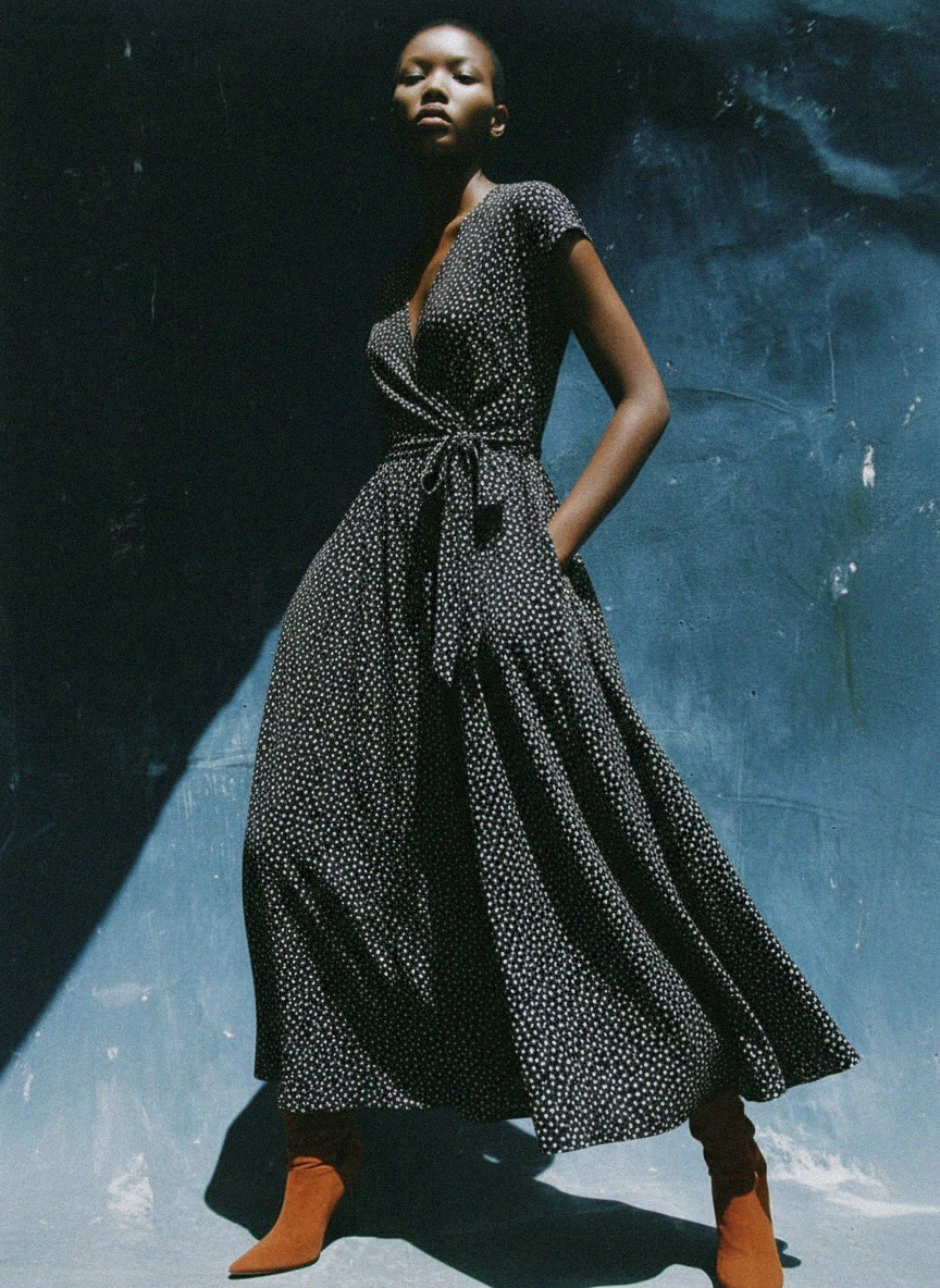 Dotted V-Neck Maxi Dress with Tie-Waist zdjęcie 3