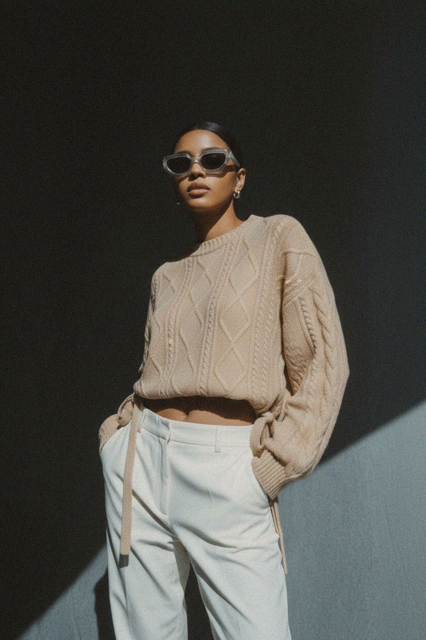 Cozy Cable Knit Sweater with Side Tie Detail zdjęcie 3