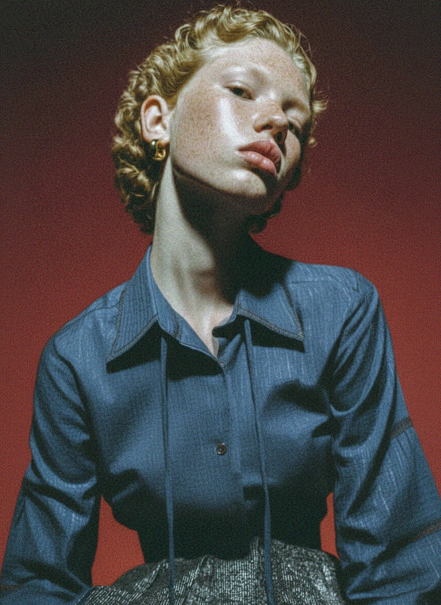 Textured Blue Blouse with Decorative Trim zdjęcie 3