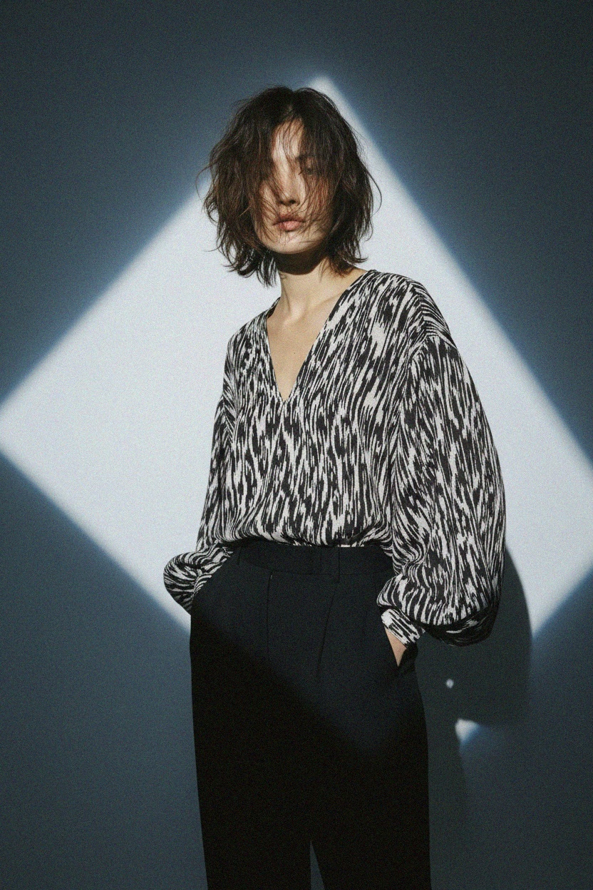 Abstract Print V-Neck Blouse with Voluminous Sleeves zdjęcie 3