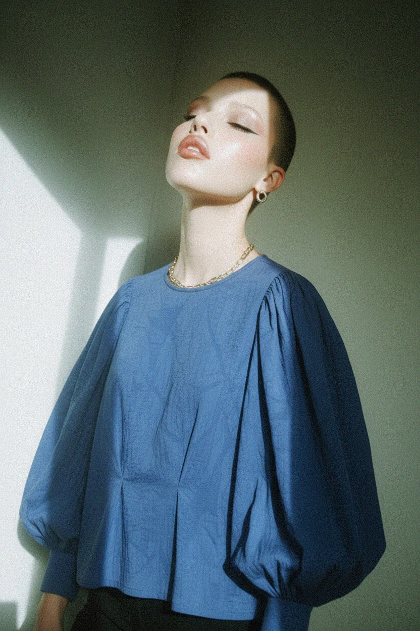 Textured Blue Blouse with Puff Sleeves zdjęcie 3