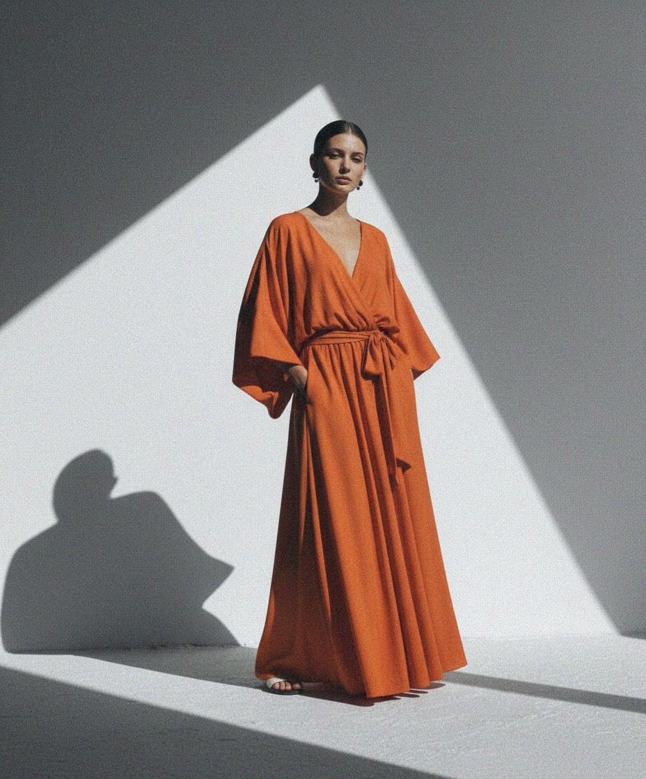 Flowing Orange Maxi Dress with Tie Waist zdjęcie 3