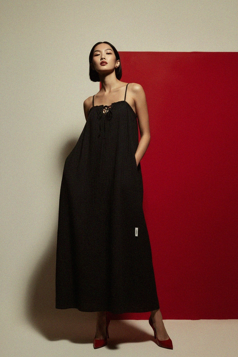 Black Textured Maxi Dress with Tie-Front Straps zdjęcie 2