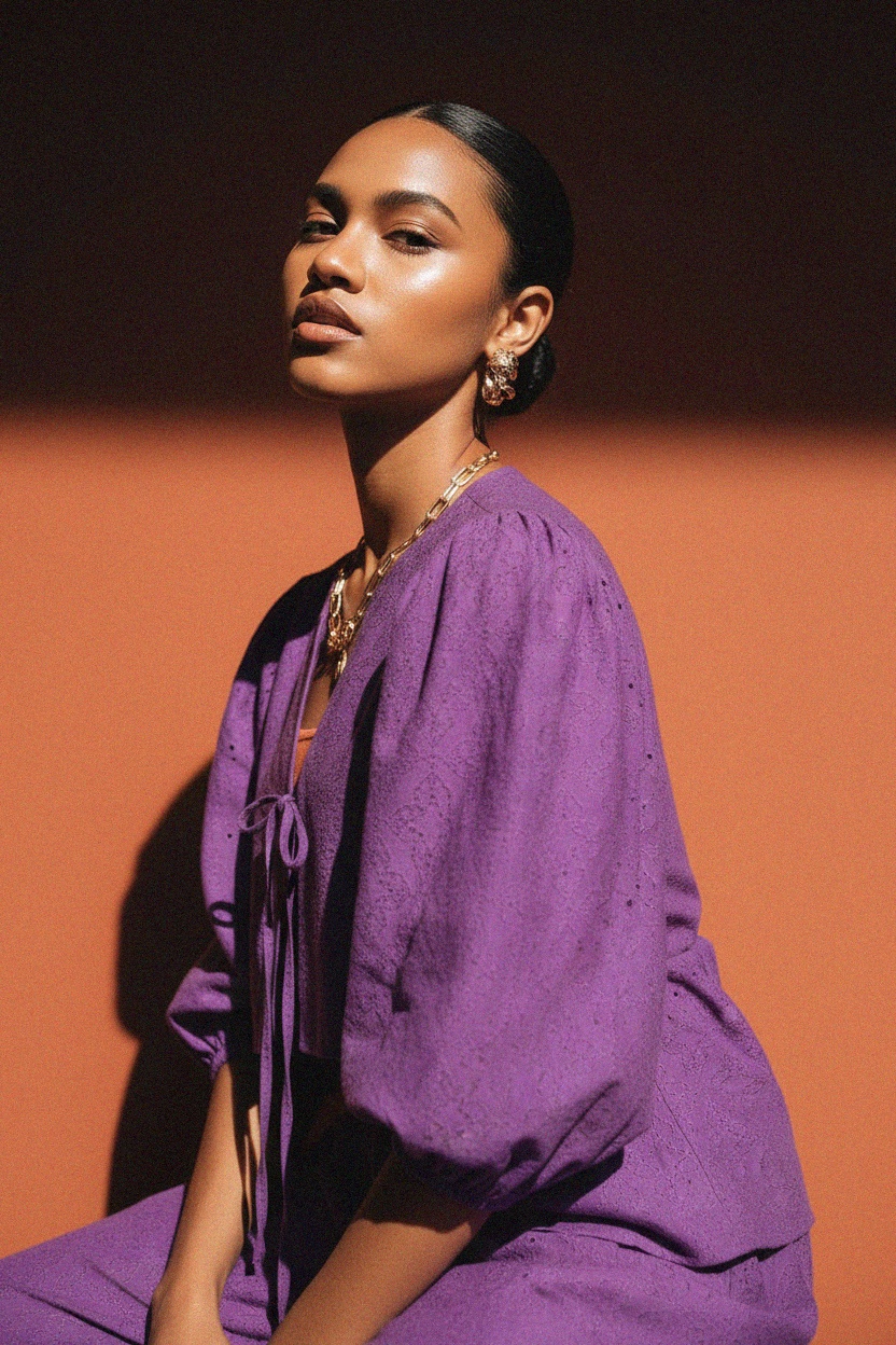 Purple Embroidered Puff Sleeve Tie-Front Blouse zdjęcie 3