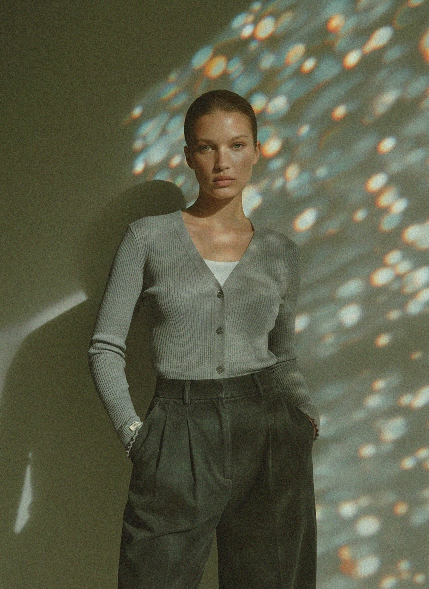 Chic Ribbed Button-Front Knit Cardigan in Grey zdjęcie 3