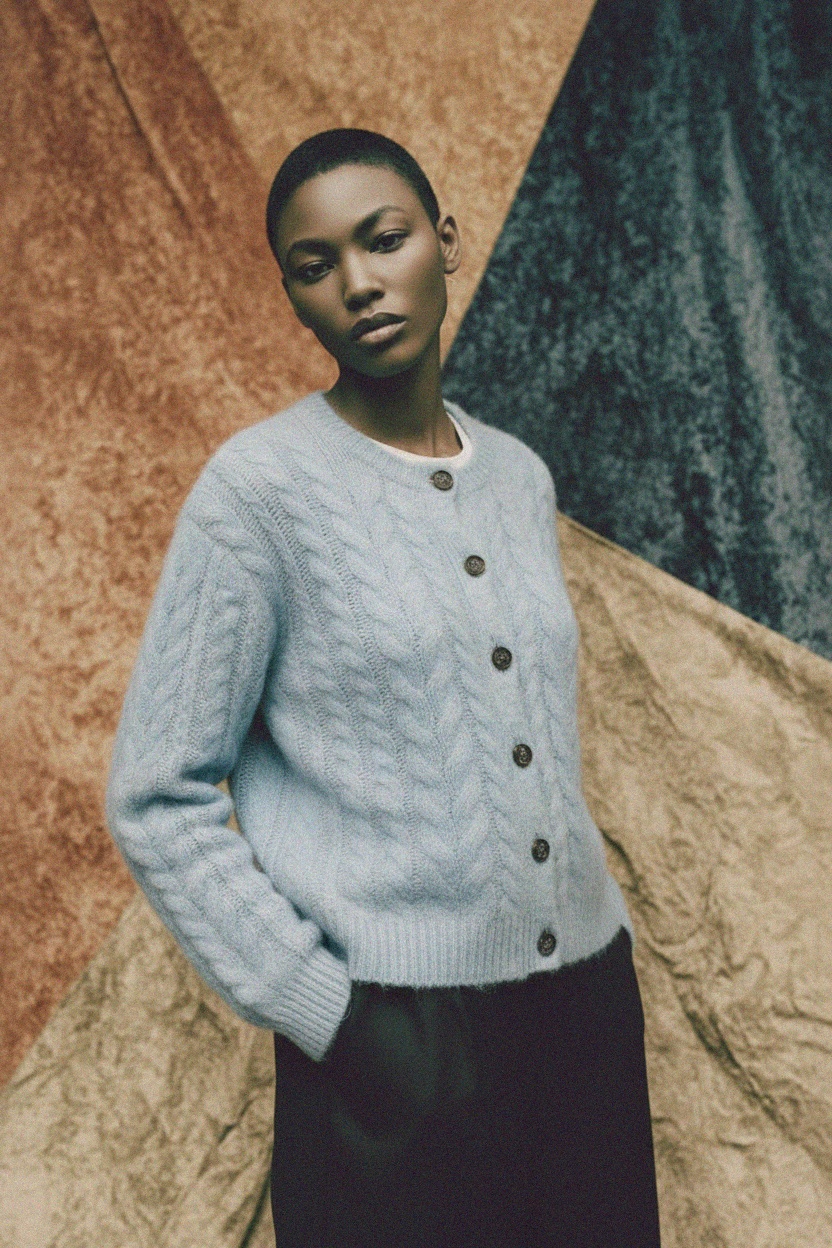 Soft Blue Cable Knit Cardigan with Button Closure zdjęcie 3