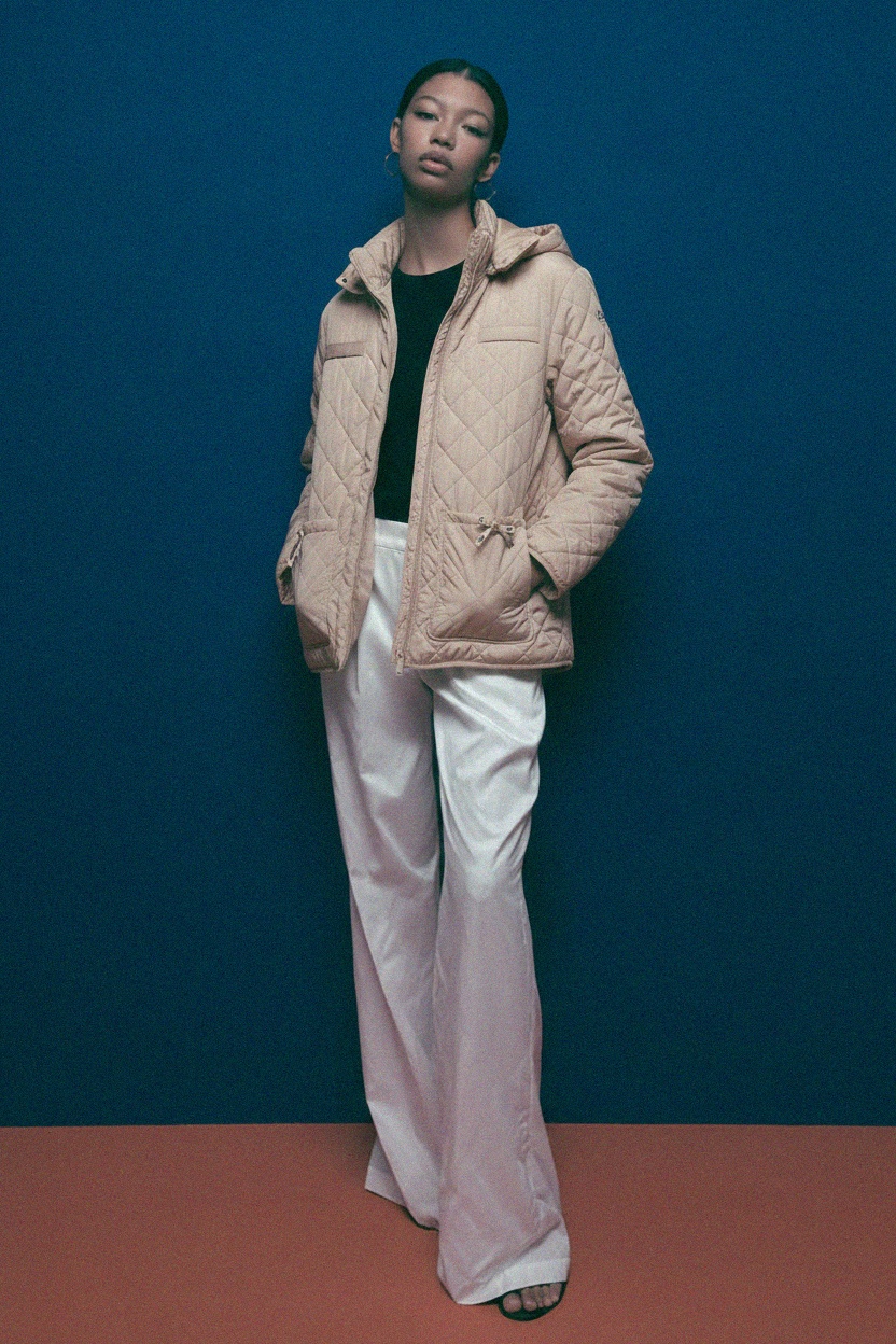 Beżowa pikowana kurtka z kapturem zdjęcie 3