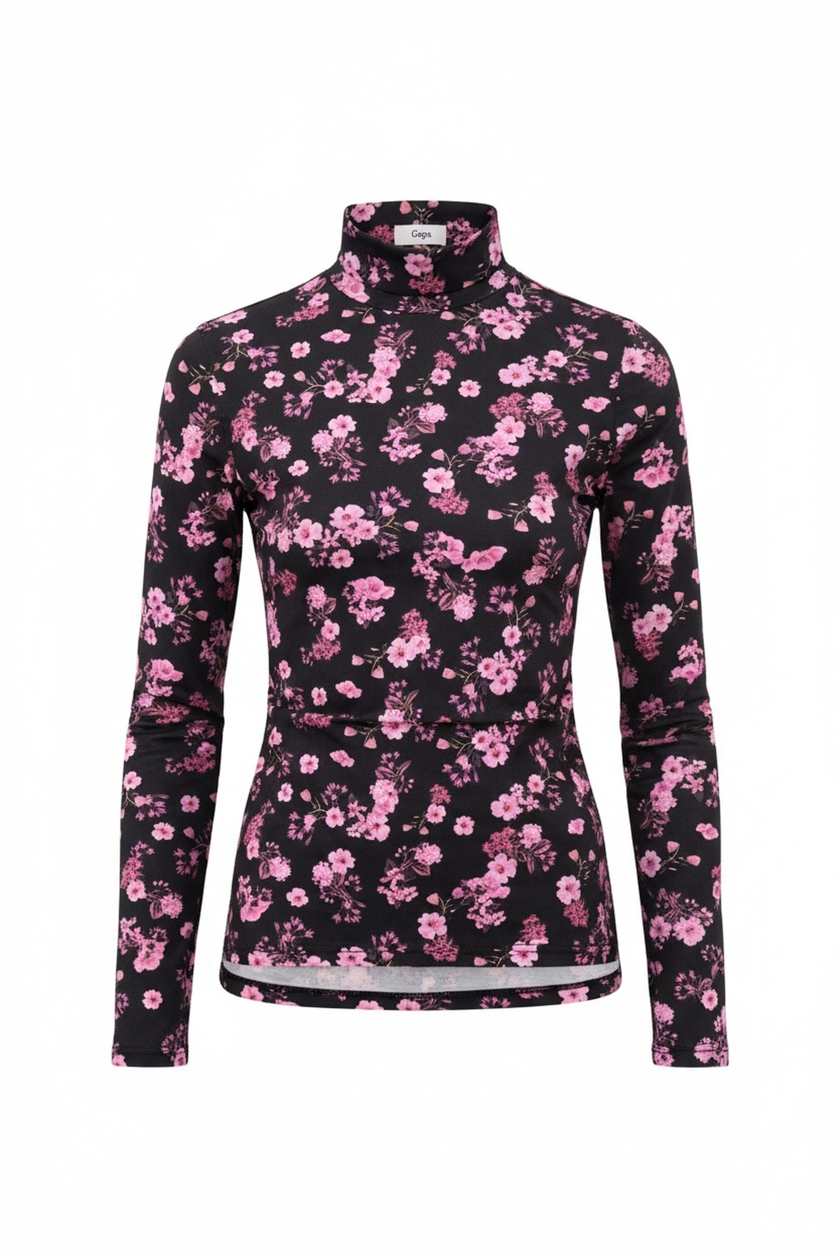 Black Floral Print Fitted Turtleneck Top zdjęcie 1