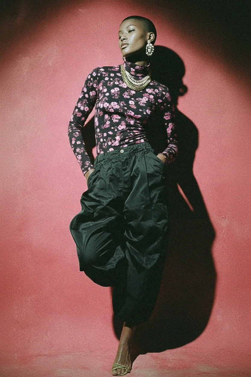 Black Floral Print Fitted Turtleneck Top zdjęcie 3