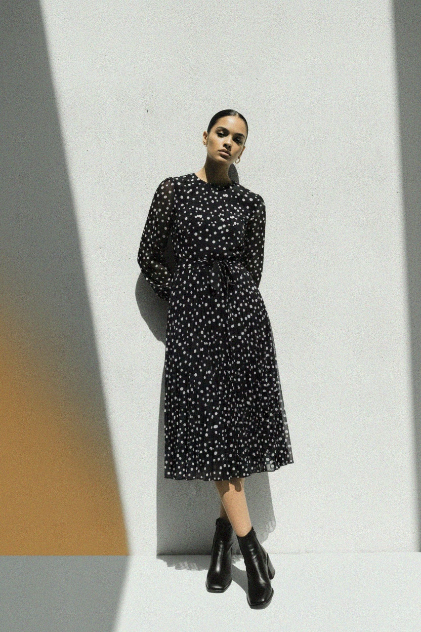 Polka Dot Pleated Midi Dress with Tie Waist zdjęcie 3