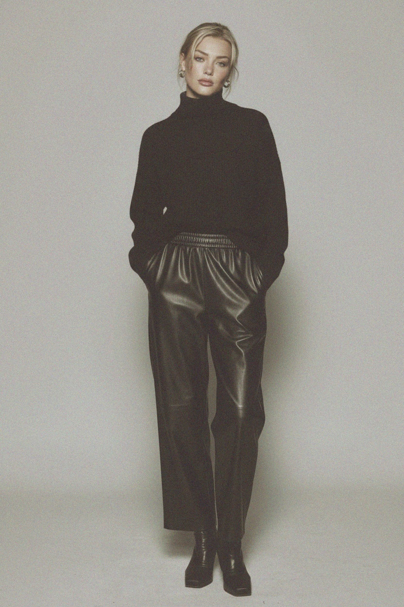 Spodnie z szerokimi nogawkami ze sztucznej skóry o luźnym kroju zdjęcie 2