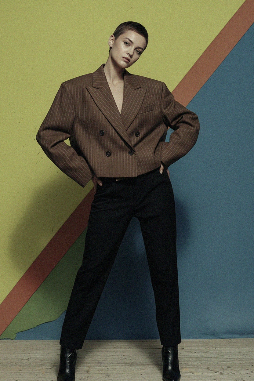 Skrócona dwurzędowa marynarka w prążki zdjęcie 2