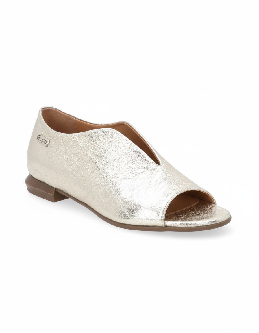 Złote, marszczone, metalowe, płaskie sandały z odkrytymi palcami zdjęcie 1