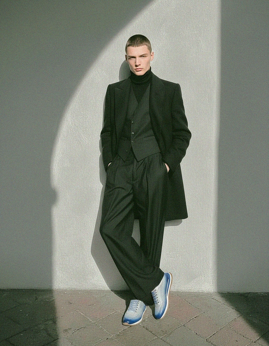 Skórzane trampki w kolorze ombre blue ze sznurowadłami w kratkę zdjęcie 3