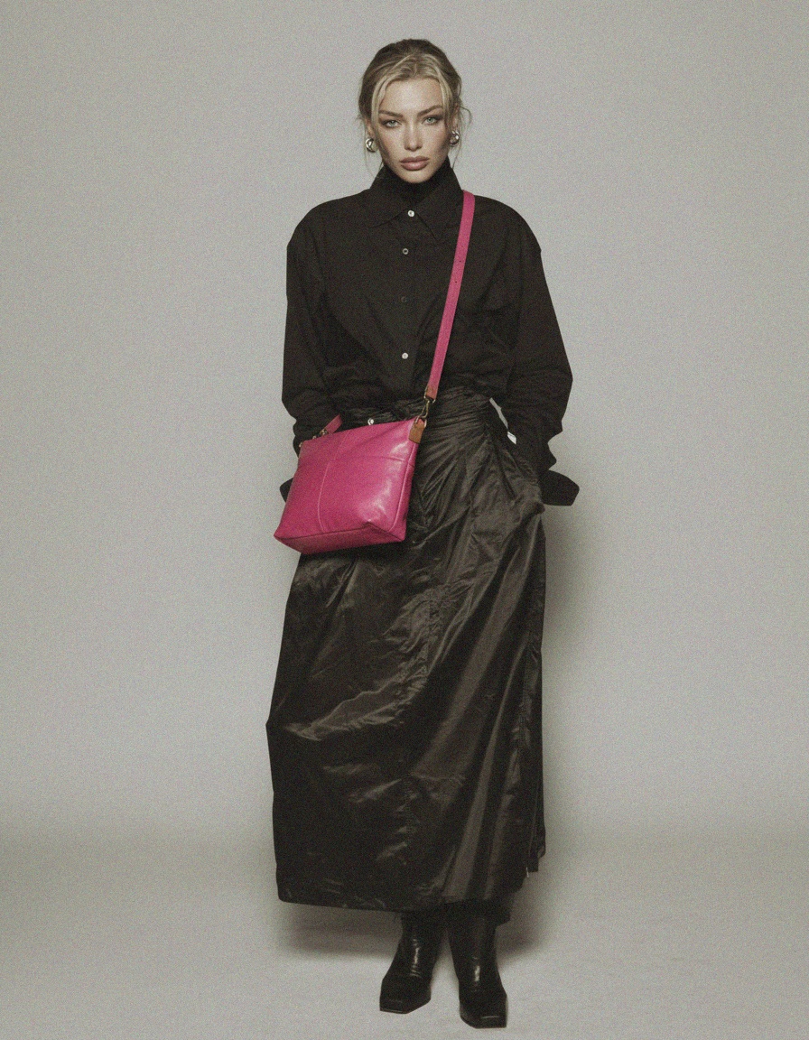 Jaskrawa różowa skórzana torba na ramię z brązowym paskiem zdjęcie 2