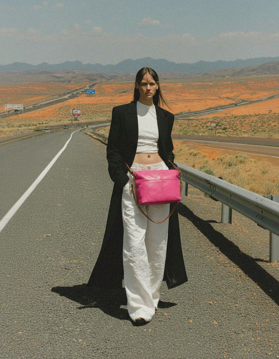 Jaskrawa różowa skórzana torba na ramię z brązowym paskiem zdjęcie 3