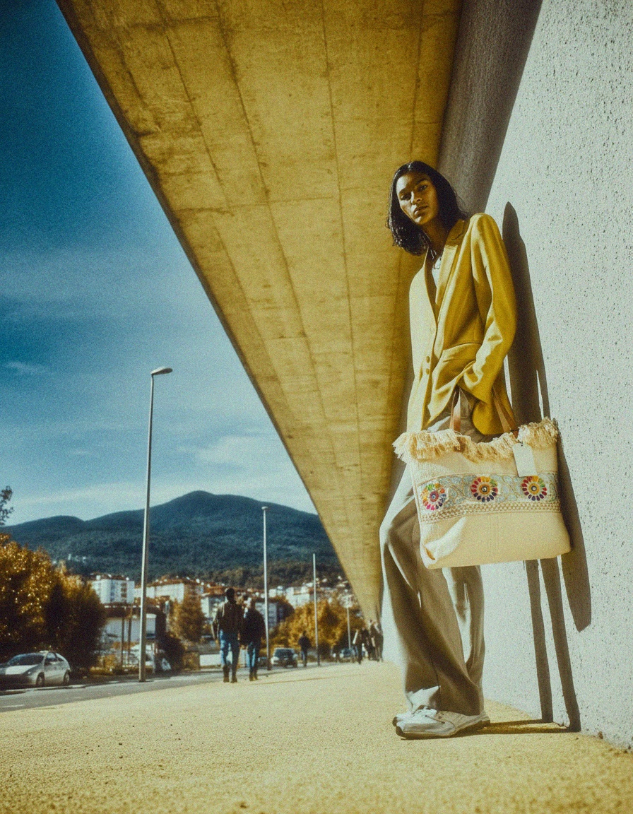 Torba typu tote w kolorze boho w kolorze beżowym z haftowanymi frędzlami zdjęcie 3