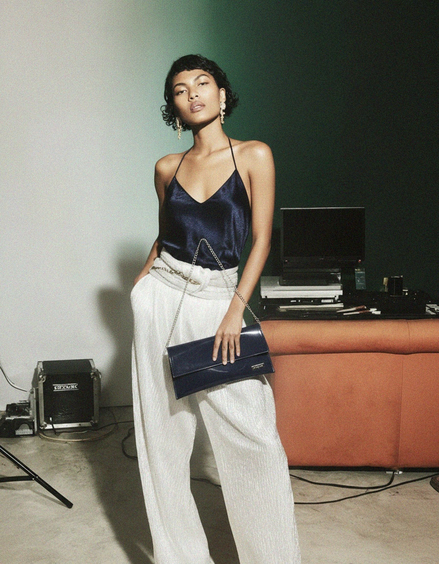 Elegancka, lakierowana torebka kopertówka w kolorze granatowym z paskiem łańcuszkowym zdjęcie 2