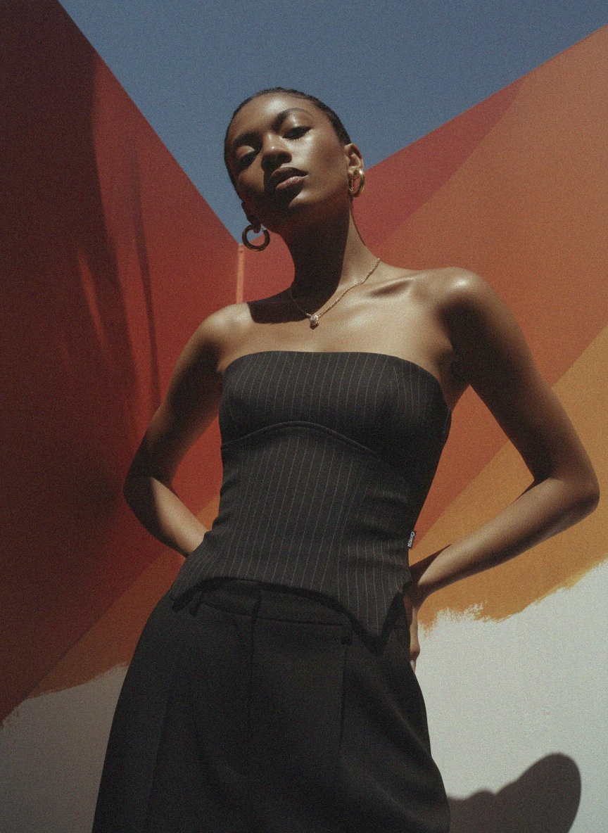 Czarny, prążkowany, bez ramiączek gorset zdjęcie 3