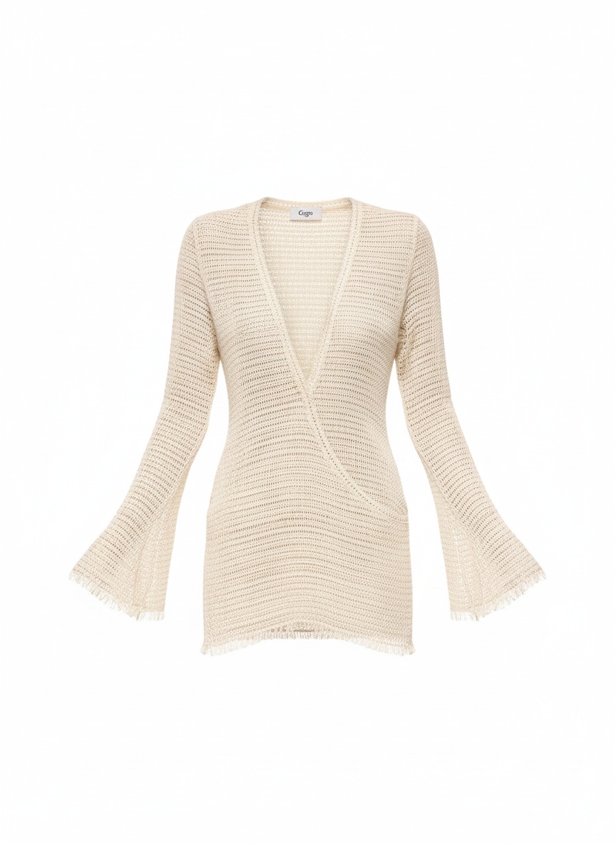 Kremowa szydełkowa sukienka mini z głębokim dekoltem w serek zdjęcie 1