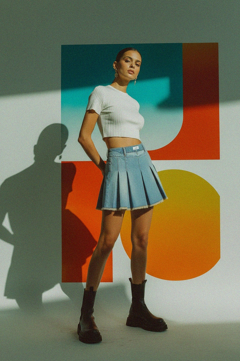 Mini spódniczka z plisowanego jeansu z postrzępionym dołem zdjęcie 2