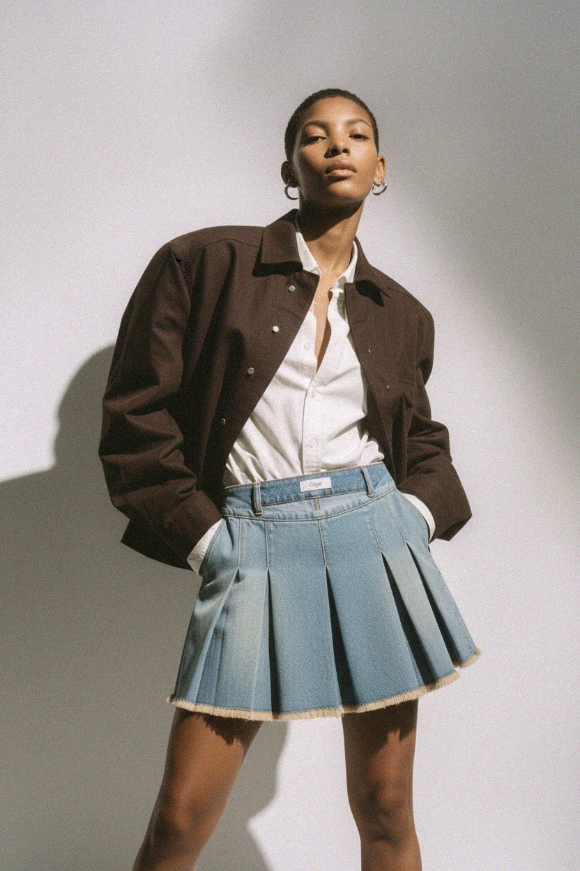 Mini spódniczka z plisowanego jeansu z postrzępionym dołem zdjęcie 3