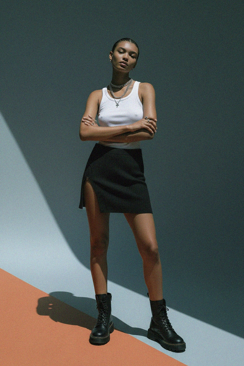 Czarna prążkowana spódnica mini z rozcięciem z boku zdjęcie 2