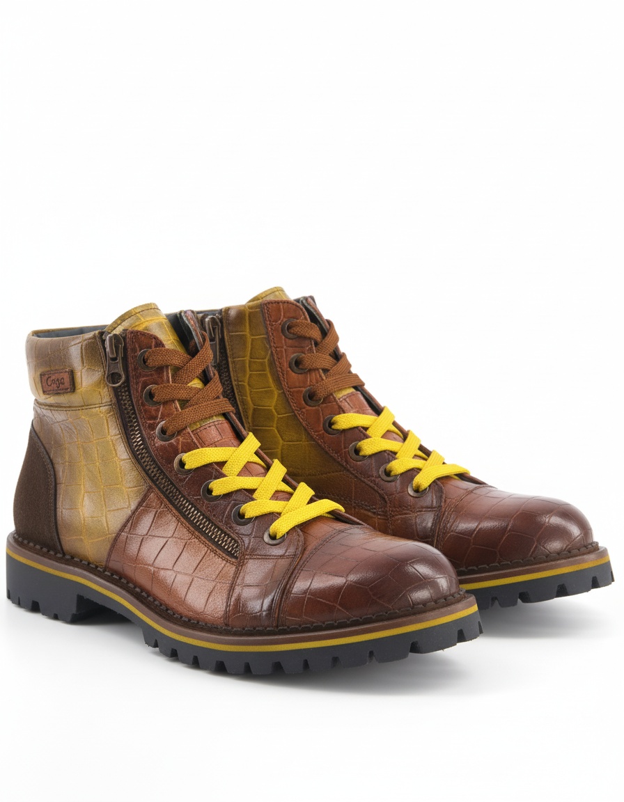 Crocodile Embossed Ankle Boots with Yellow Laces zdjęcie 1