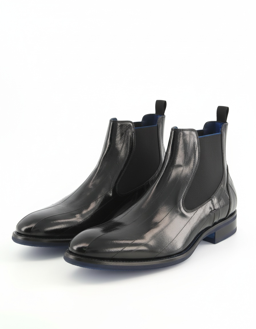 Shiny Black Chelsea Boots with Blue Sole Accent zdjęcie 1