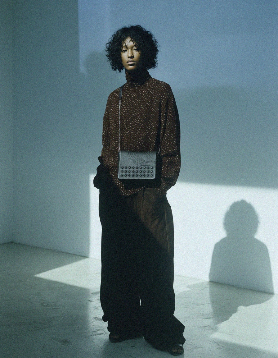 Czarna, groszkowana torba na ramię ze skóry z ćwiekami i łańcuszkiem zdjęcie 3