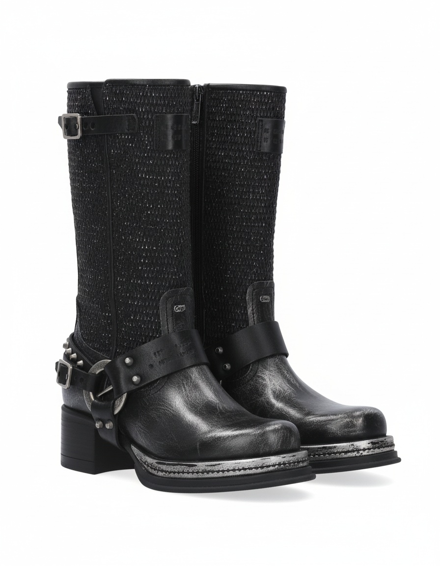 Distressed Black Knee-High Boots with Studs & Harness zdjęcie 1