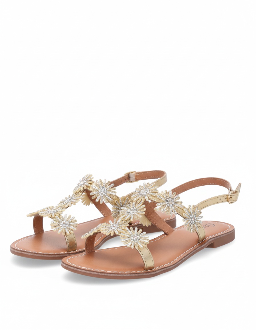 Gold Floral Embellished Flat Sandals zdjęcie 1
