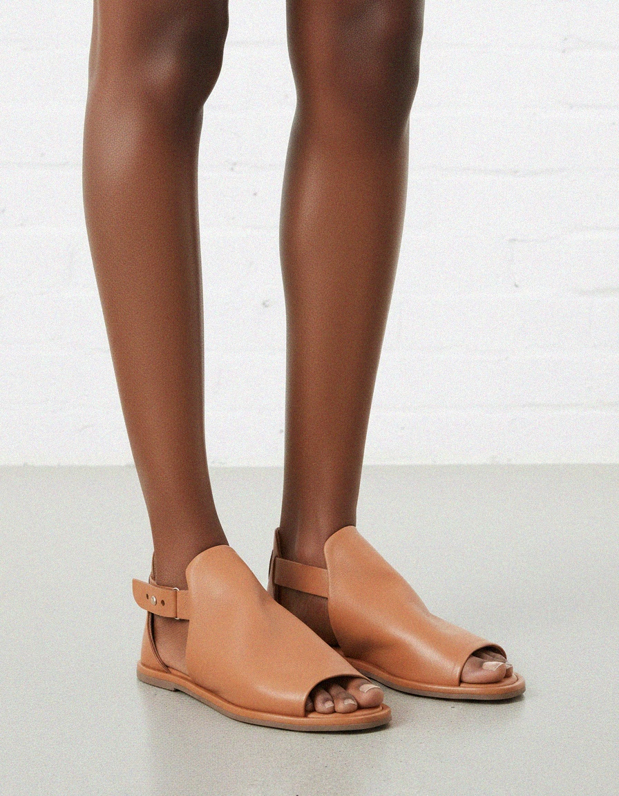 Tan Leather Flat Sandal with Ankle Strap zdjęcie 2
