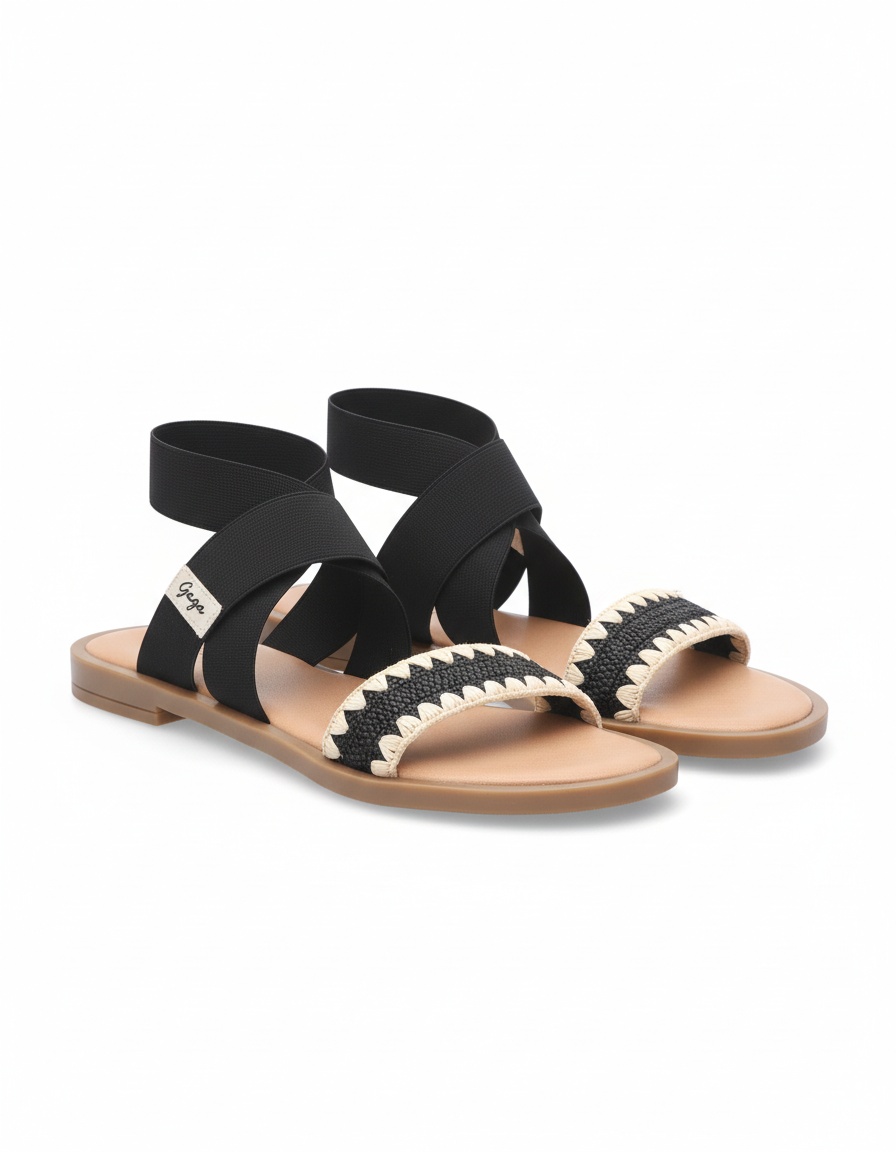Black Woven Detail Elastic Strap Flat Sandals zdjęcie 1
