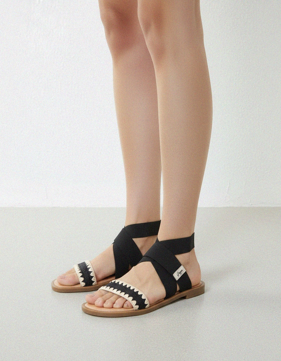 Black Woven Detail Elastic Strap Flat Sandals zdjęcie 2