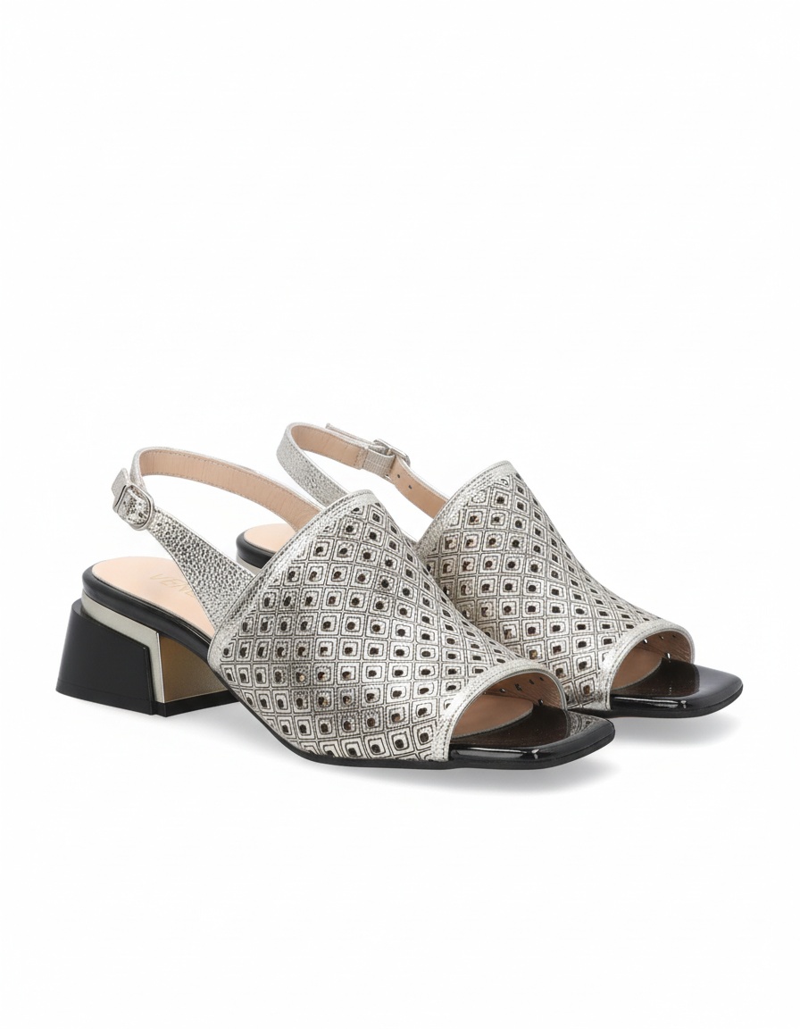 Silver Perforated Block Sandal Heels zdjęcie 1