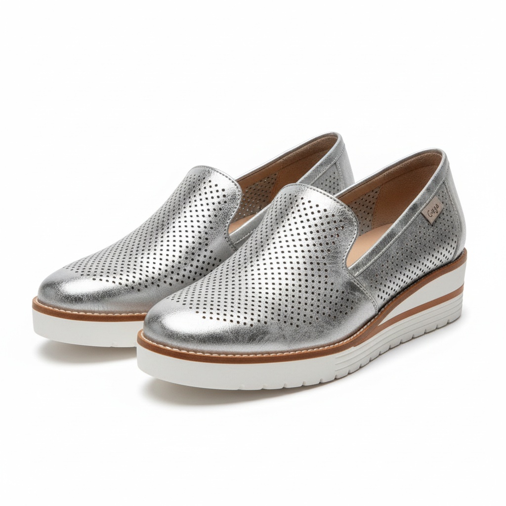 Metallic Perforated Loafers with Wedge Sole zdjęcie 1