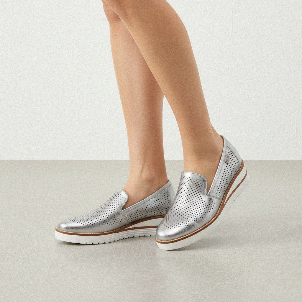 Metallic Perforated Loafers with Wedge Sole zdjęcie 2