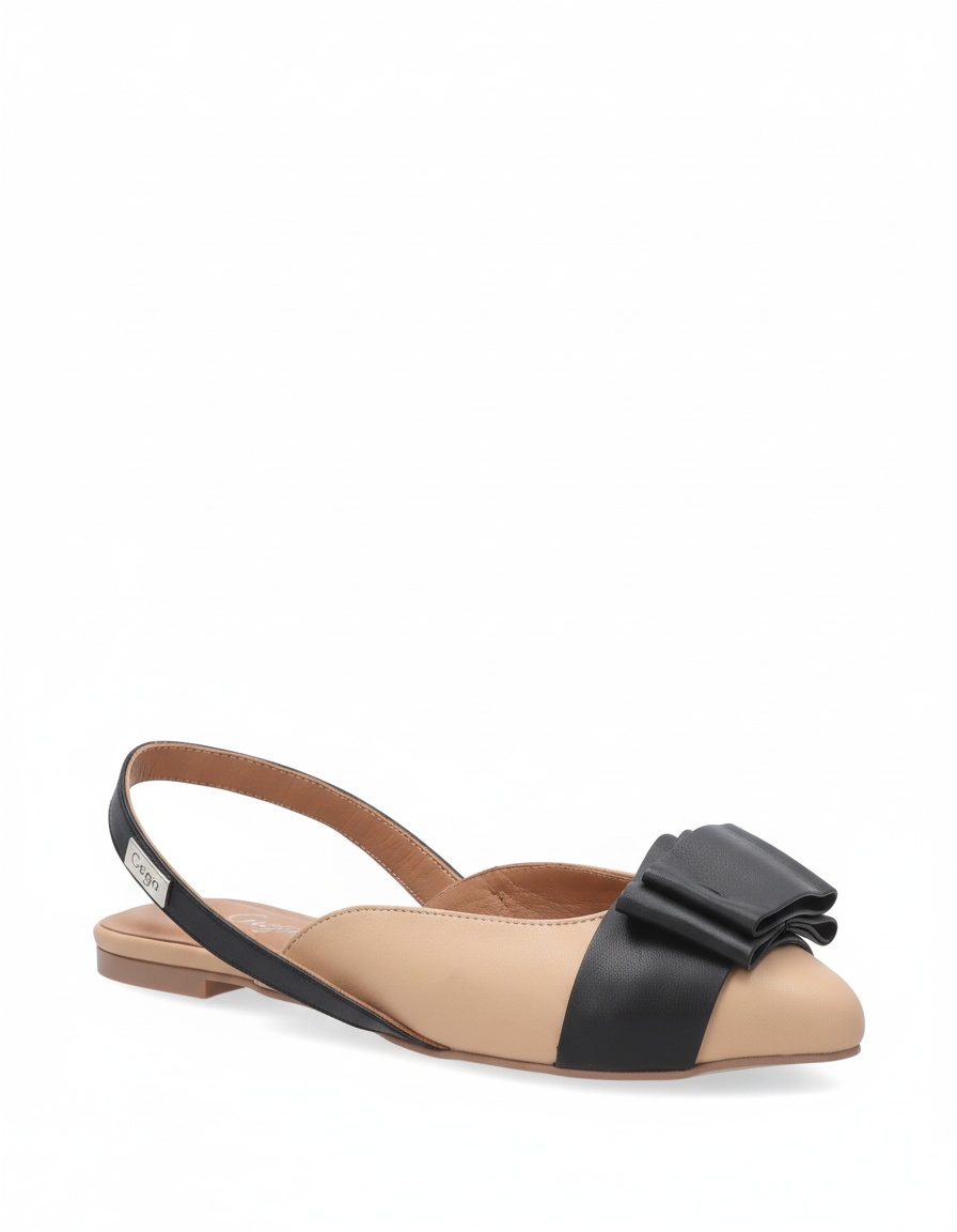 Beige and Black Pointed Toe Slingback Flats with Bow zdjęcie 1