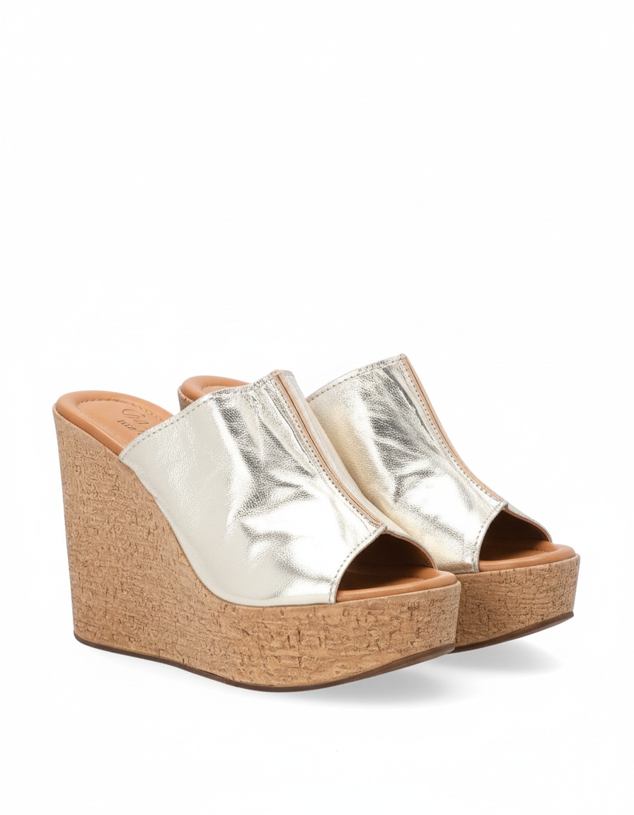 Gold Metallic Cork Wedge Mules zdjęcie 1