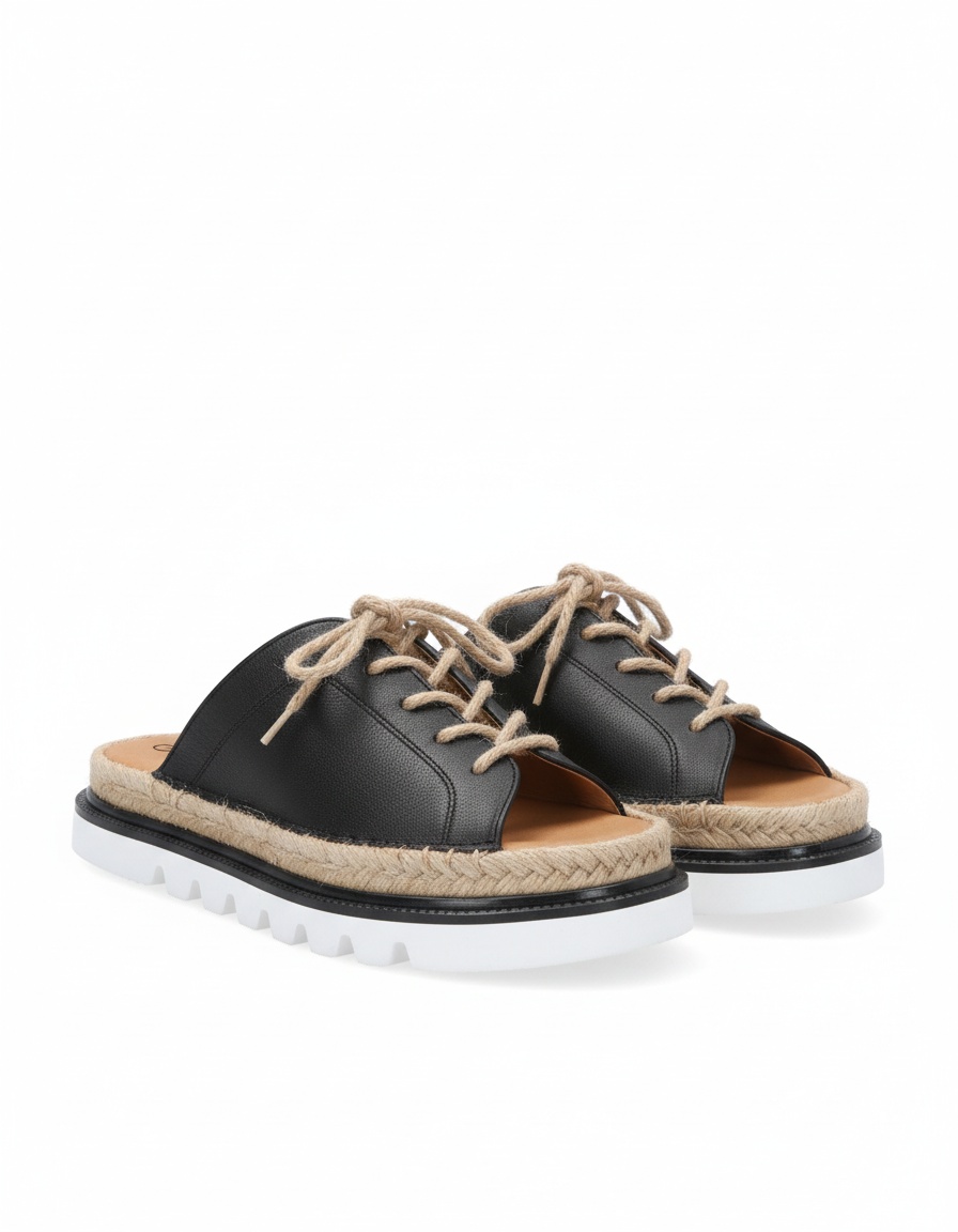 Black Leather Rope-Laced Platform Espadrille Sandals zdjęcie 1