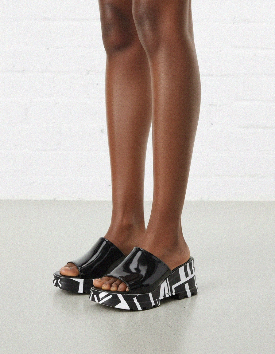 Black Patent Platform Mules with Graphic Print Sole zdjęcie 2