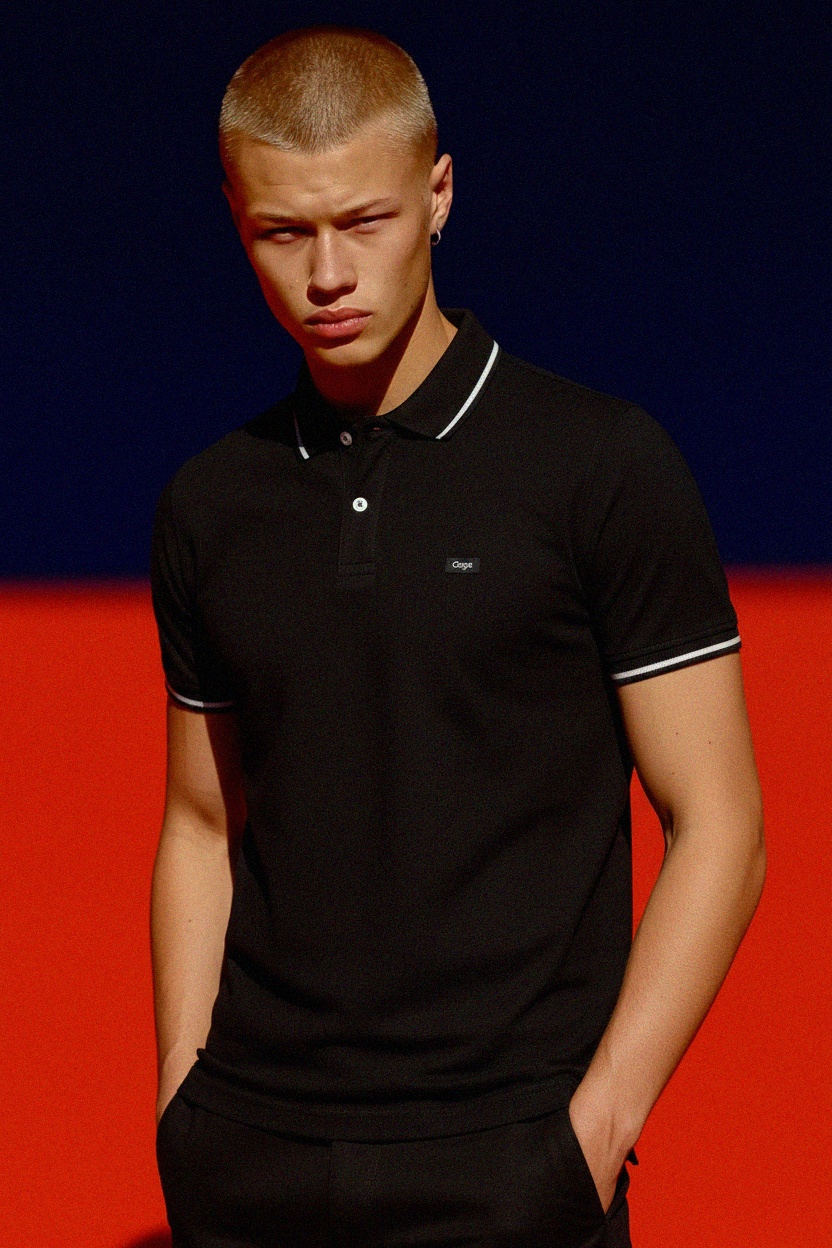 Classic Black Polo Shirt with White Trim Details zdjęcie 2