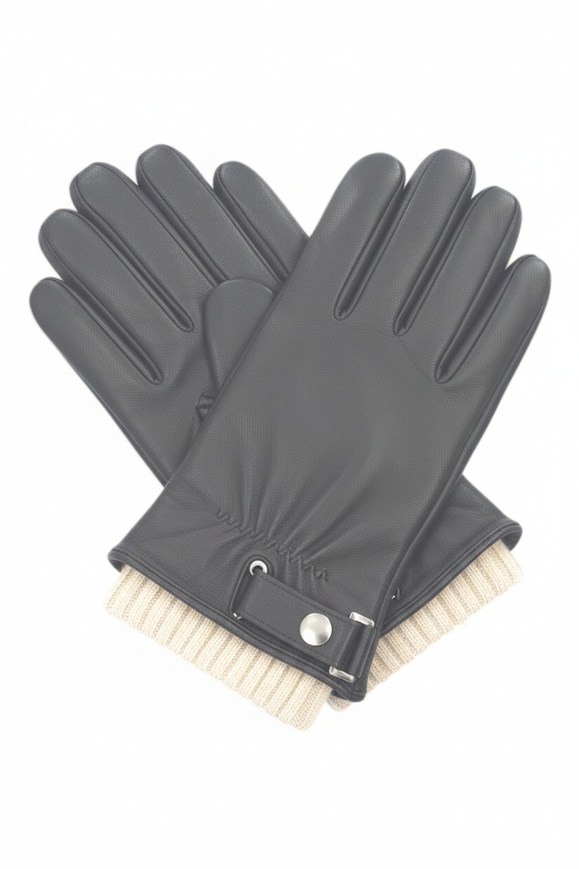 Classic Grey Leather Gloves with Ribbed Cuff zdjęcie 1