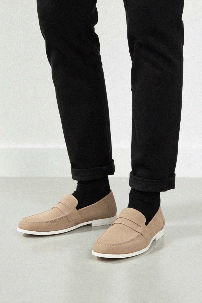Classic Beige Suede Loafers with White Sole zdjęcie 2