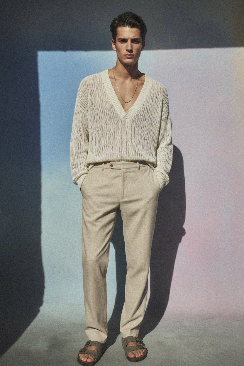 Jasnobeżowe, teksturowane spodnie o regularnym kroju zdjęcie 2