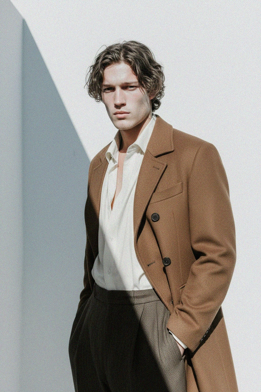 Klasyczny brązowy dwurzędowy płaszcz zdjęcie 3