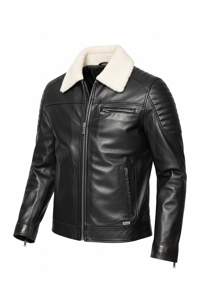 Stylish Black Leather Jacket with Sherpa Collar zdjęcie 1